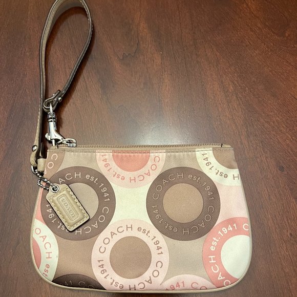 Coach Brown Pink Signature Circle Print 6" Wristlet - Picture 1 of 5